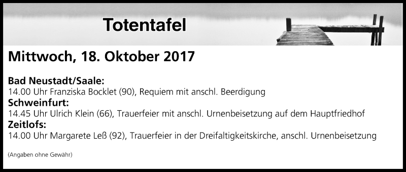  Traueranzeige für Totentafel vom 18.10.2017 vom 18.10.2017 aus MGO