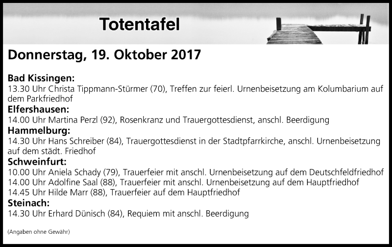  Traueranzeige für Totentafel vom 19.10.2017 vom 19.10.2017 aus MGO