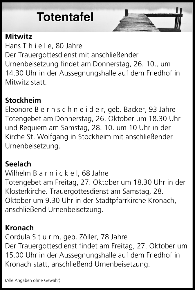  Traueranzeige für Totentafel vom 25.10.2017 vom 25.10.2017 aus MGO