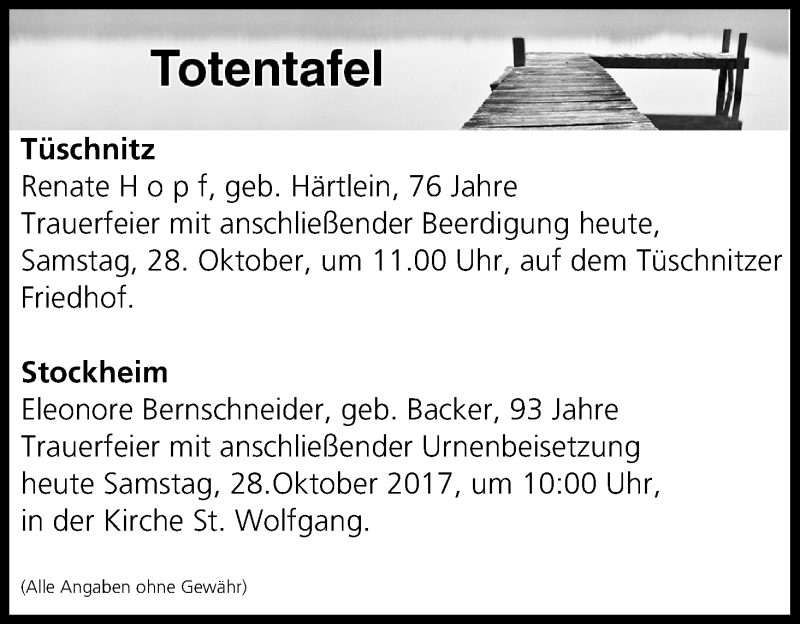  Traueranzeige für Totentafel vom 28.10.2017 vom 28.10.2017 aus MGO
