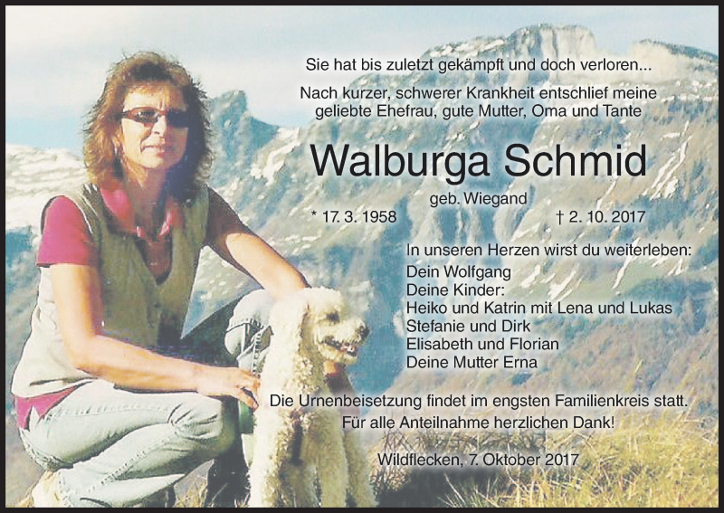  Traueranzeige für Walburga Schmid vom 07.10.2017 aus MGO