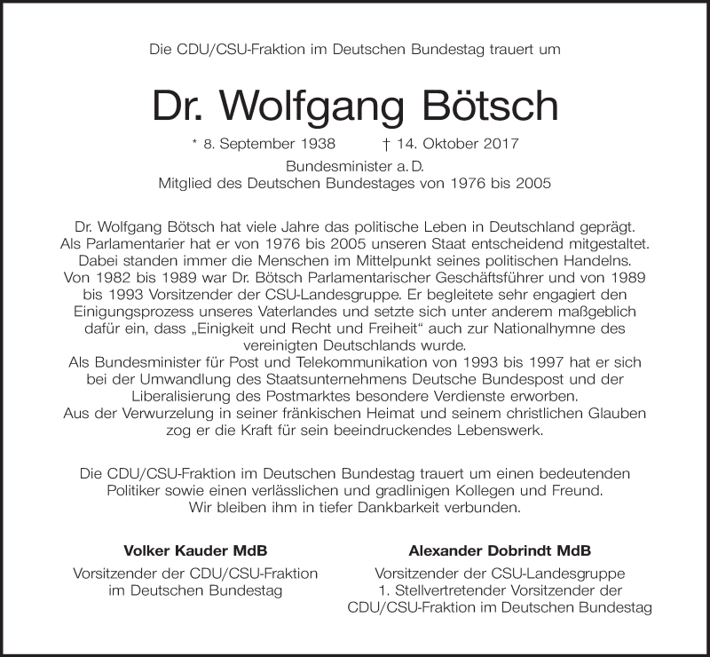  Traueranzeige für Wolfgang Bötsch vom 20.10.2017 aus MGO