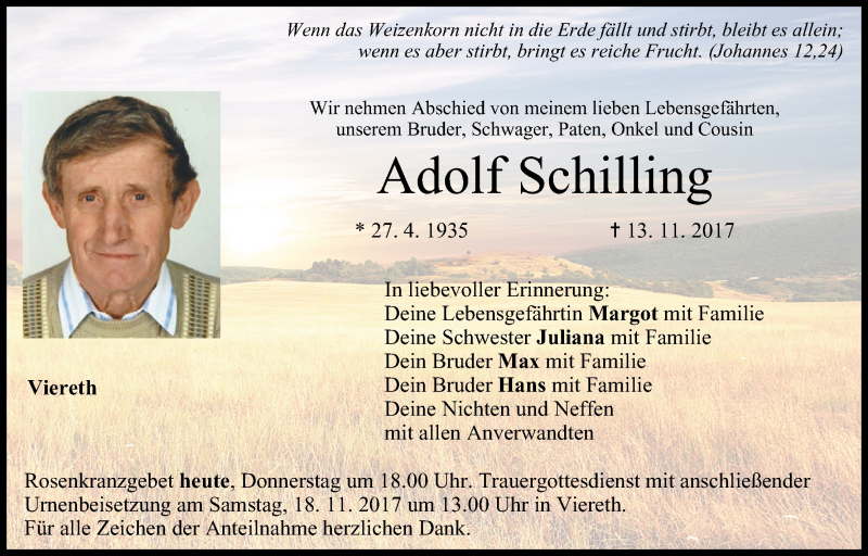 Adolf Schilling | Traueranzeige | trauer.inFranken.de