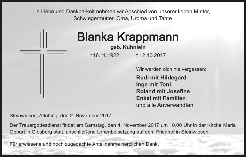  Traueranzeige für Blanka Krappmann vom 02.11.2017 aus MGO