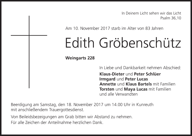 Traueranzeige für Edith Gröbenschütz vom 15.11.2017 aus MGO
