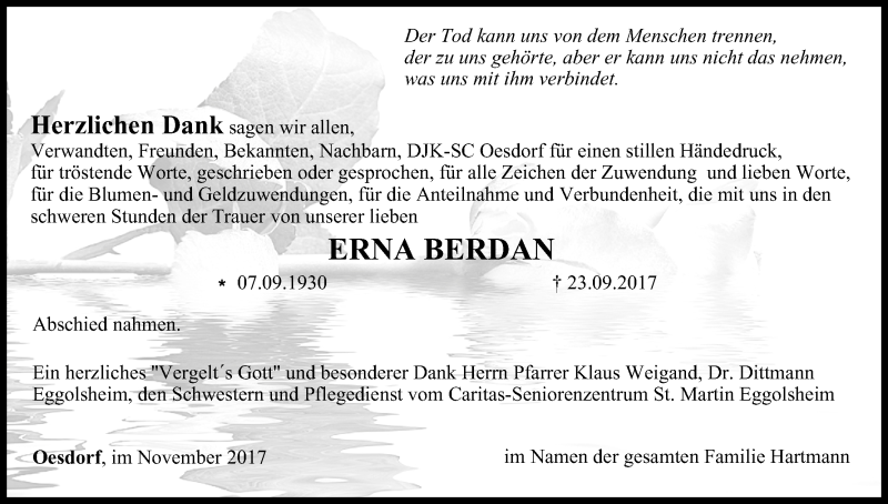  Traueranzeige für Erna Berdan vom 25.11.2017 aus MGO