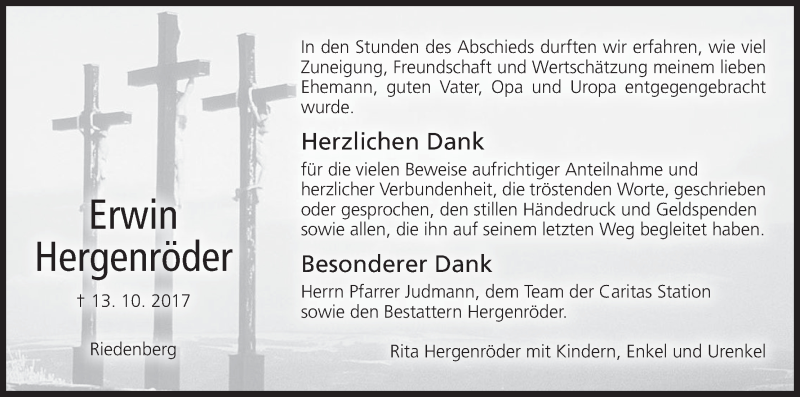  Traueranzeige für Erwin Hergenröder vom 04.11.2017 aus MGO