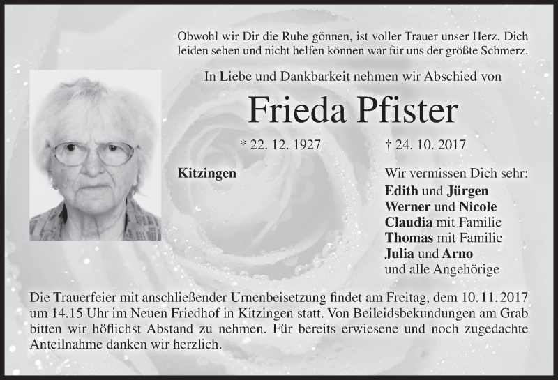  Traueranzeige für Frieda Pfister vom 07.11.2017 aus MGO