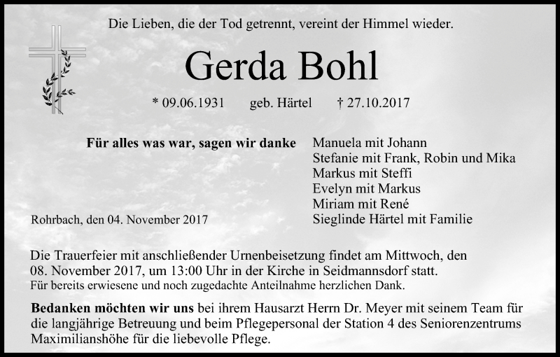  Traueranzeige für Gerda Bohl vom 04.11.2017 aus MGO