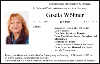 Anzeige von Gisela Wöhner von MGO