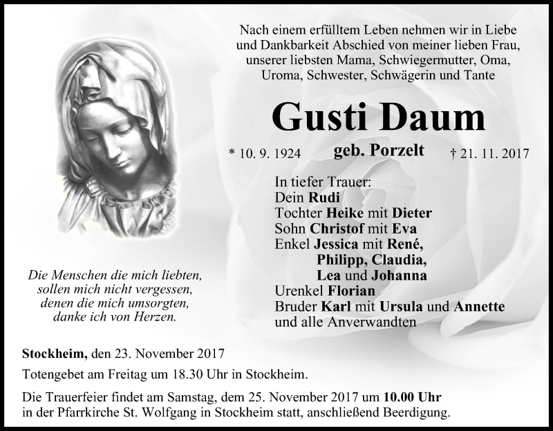  Traueranzeige für Gusti Daum vom 23.11.2017 aus MGO