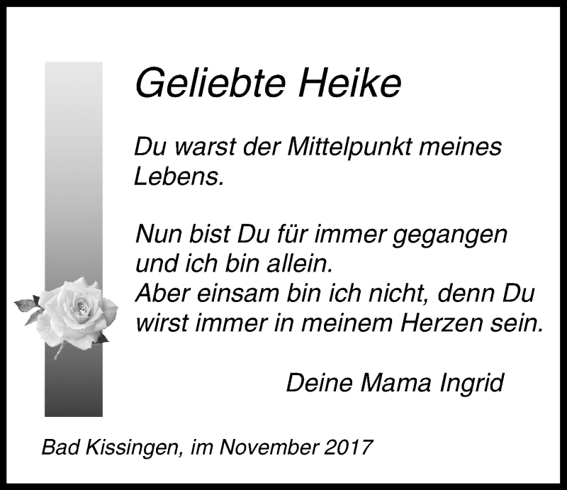  Traueranzeige für Heike  vom 09.11.2017 aus MGO