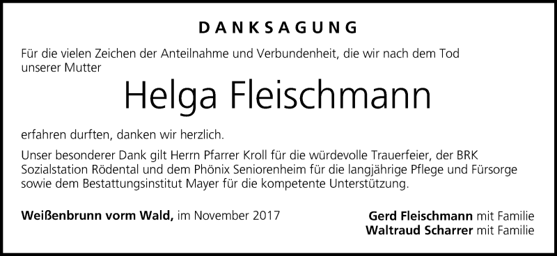  Traueranzeige für Helga Fleischmann vom 04.11.2017 aus MGO