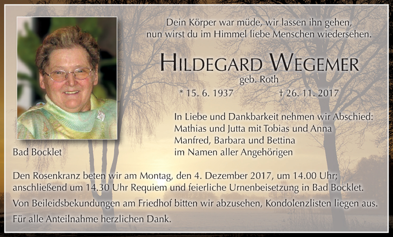  Traueranzeige für Hildegard Wegemer vom 29.11.2017 aus MGO