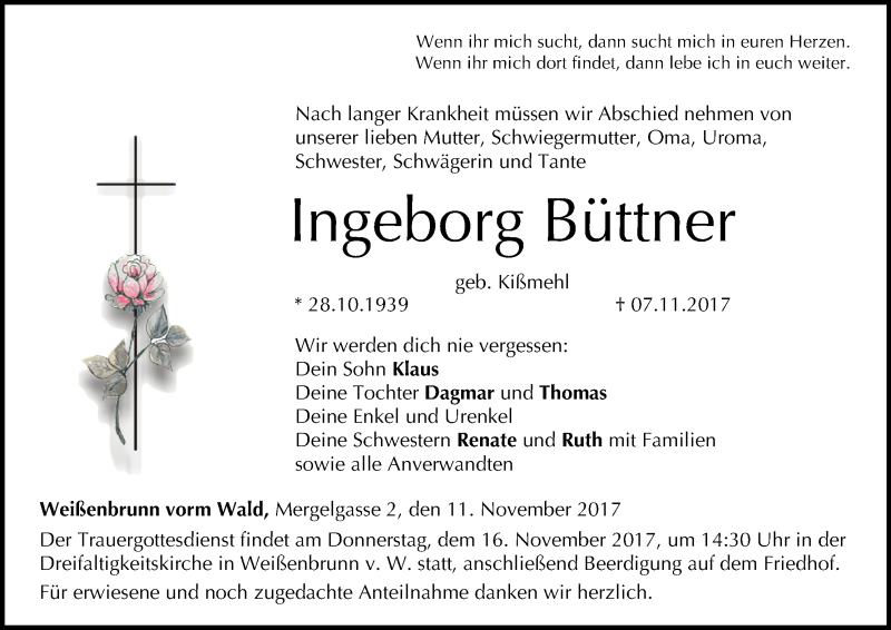  Traueranzeige für Ingeborg Büttner vom 11.11.2017 aus MGO