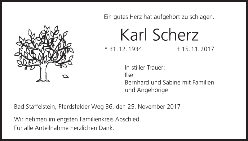  Traueranzeige für Karl Scherz vom 25.11.2017 aus MGO