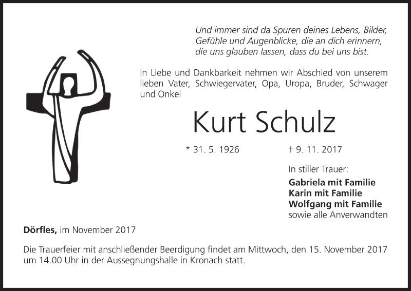  Traueranzeige für Kurt Schulz vom 13.11.2017 aus MGO