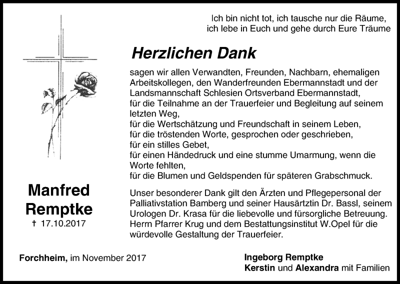  Traueranzeige für Manfred Remptke vom 18.11.2017 aus MGO