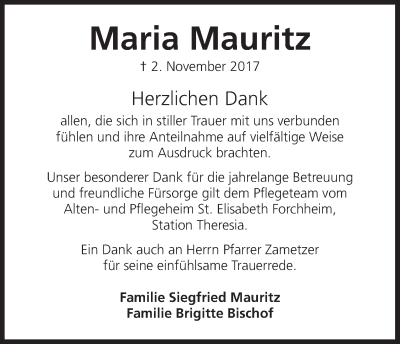  Traueranzeige für Maria Mauritz vom 25.11.2017 aus MGO
