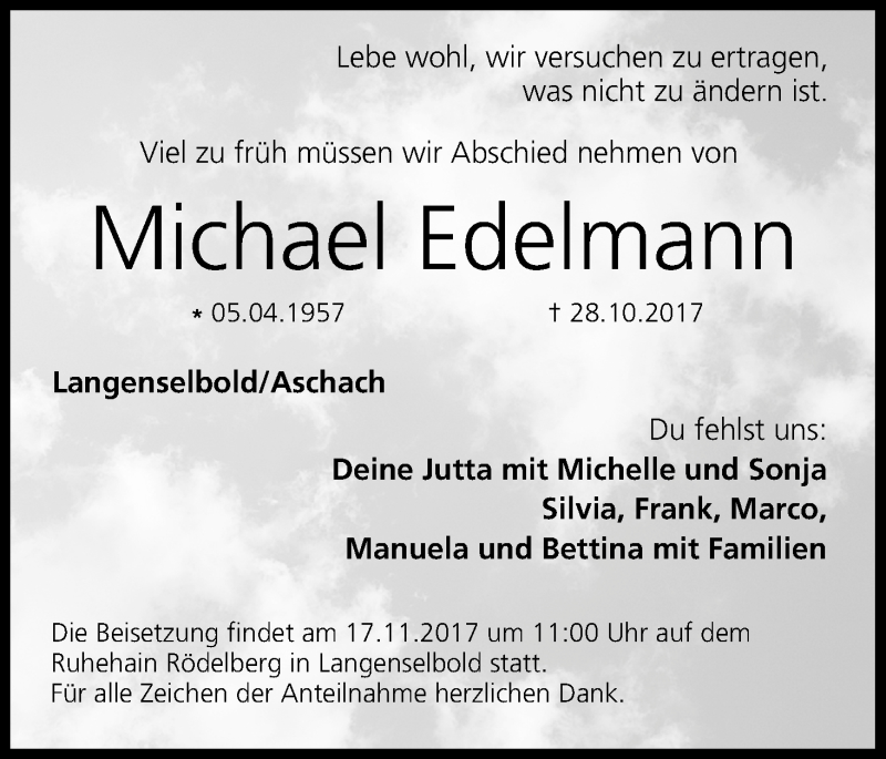  Traueranzeige für Michael Edelmann vom 04.11.2017 aus MGO