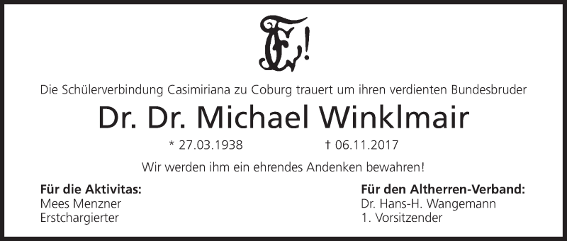  Traueranzeige für Michael Winklmair vom 24.11.2017 aus MGO