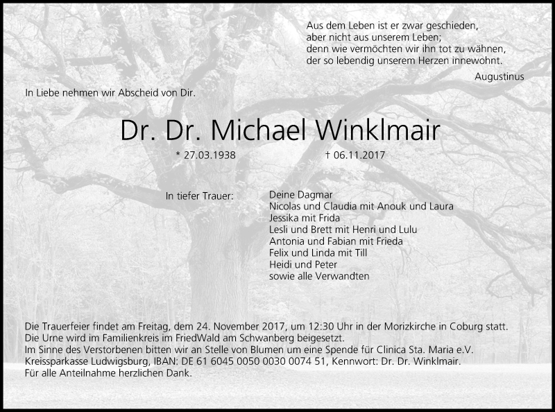  Traueranzeige für Michael Winklmair vom 15.11.2017 aus MGO