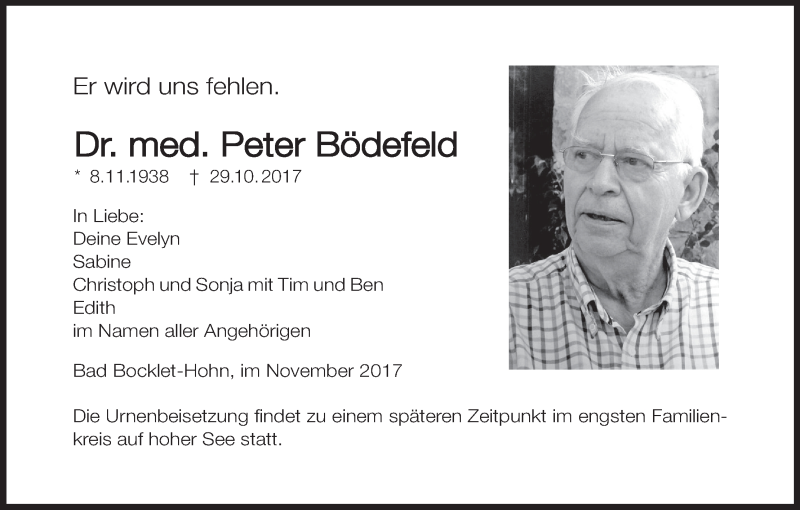  Traueranzeige für Peter Bödefeld vom 04.11.2017 aus MGO