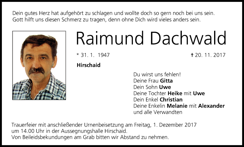  Traueranzeige für Raimund Dachwald vom 25.11.2017 aus MGO