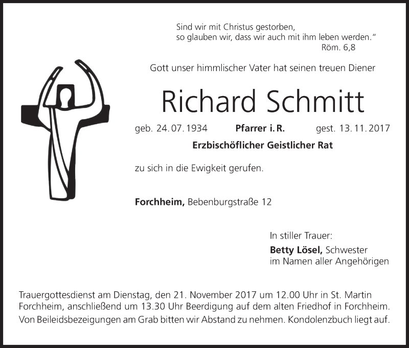  Traueranzeige für Richard Schmitt vom 16.11.2017 aus MGO