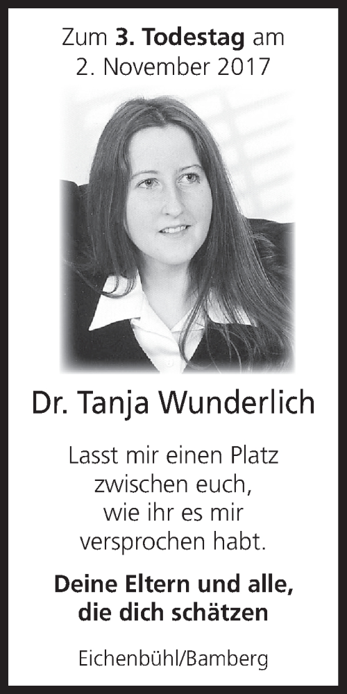  Traueranzeige für Dr. Tanja Wunderlich vom 02.11.2017 aus MGO