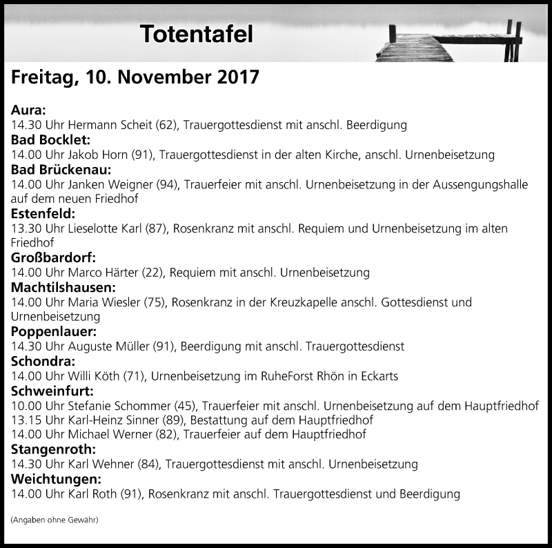  Traueranzeige für Totentafel vom 10.11.2017 vom 10.11.2017 aus MGO