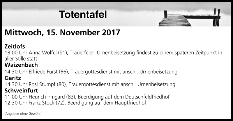  Traueranzeige für Totentafel vom 15.11.2017 vom 15.11.2017 aus MGO