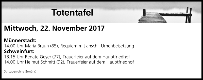  Traueranzeige für Totentafel vom 22.11.2017 vom 22.11.2017 aus MGO