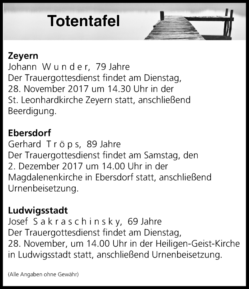  Traueranzeige für Totentafel vom 28.11.2017 vom 28.11.2017 aus MGO