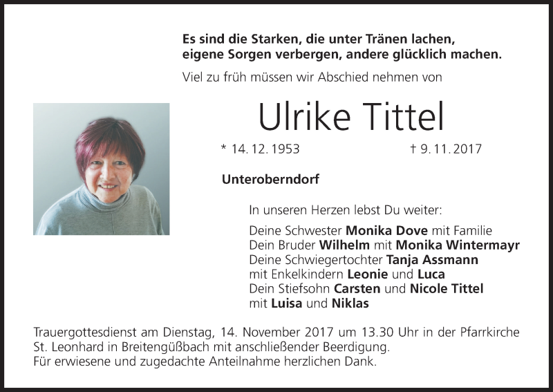  Traueranzeige für Ulrike Tittel vom 11.11.2017 aus MGO