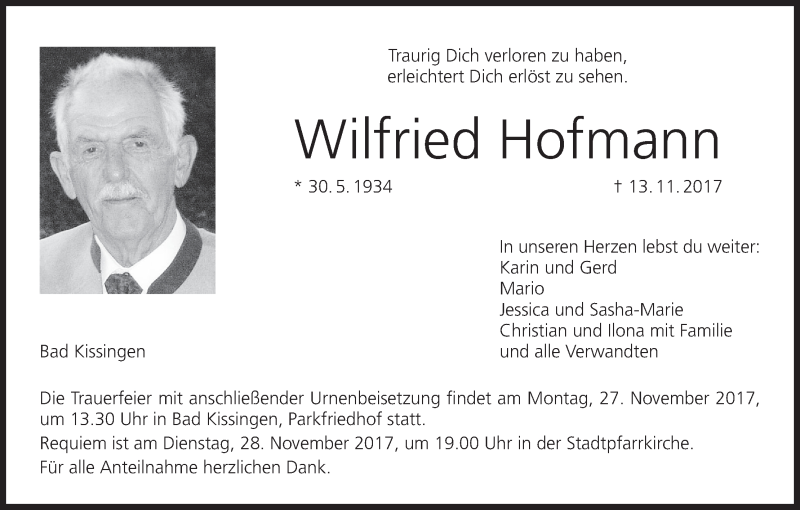  Traueranzeige für Wilfried Hofmann vom 18.11.2017 aus MGO