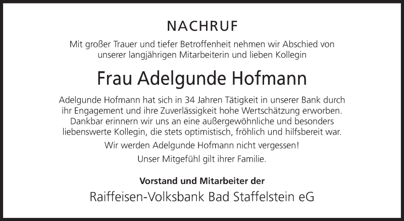  Traueranzeige für Adelgunde Hofmann vom 19.12.2017 aus MGO
