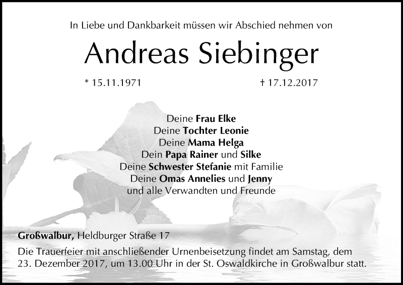  Traueranzeige für Andreas Siebinger vom 21.12.2017 aus MGO