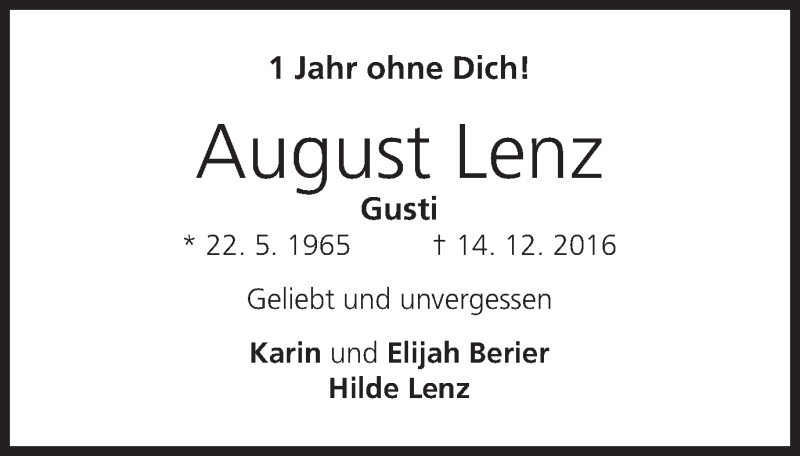  Traueranzeige für August Lenz vom 16.12.2017 aus MGO