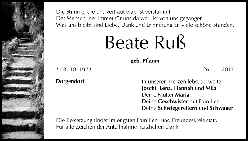  Traueranzeige für Beate Ruß vom 02.12.2017 aus MGO