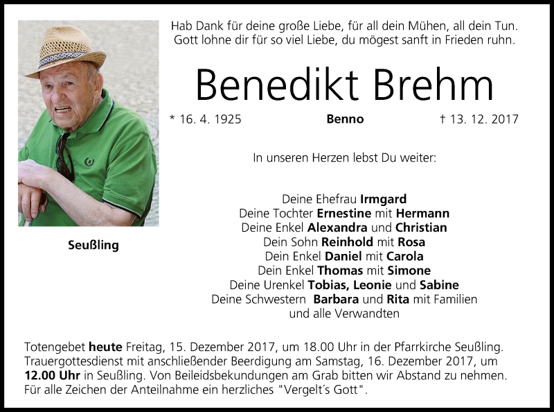  Traueranzeige für Benedikt Brehm vom 15.12.2017 aus MGO
