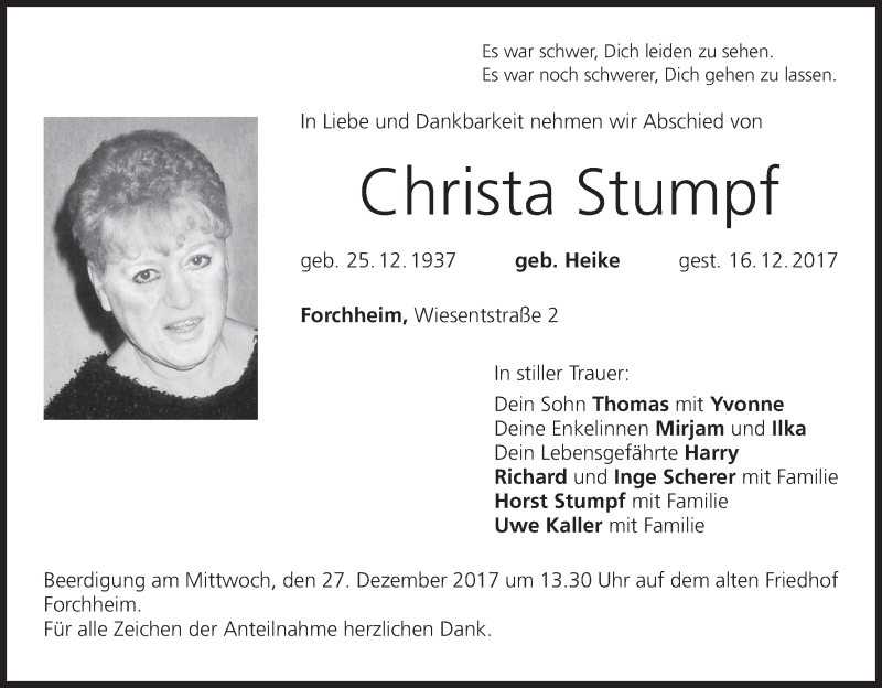  Traueranzeige für Christa Stumpf vom 23.12.2017 aus MGO