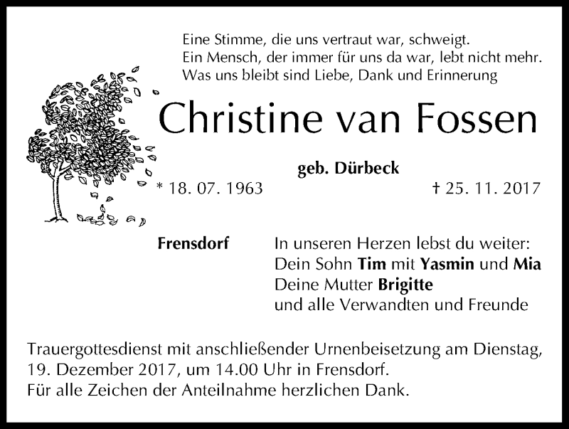  Traueranzeige für Christine van Fossen vom 14.12.2017 aus MGO