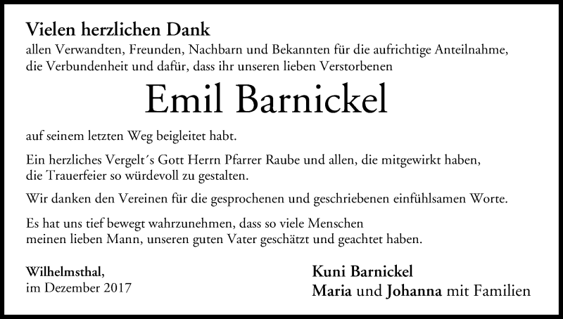  Traueranzeige für Emil Barnickel vom 09.12.2017 aus MGO