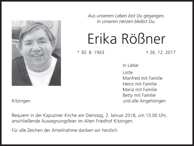  Traueranzeige für Erika Rößner vom 30.12.2017 aus MGO