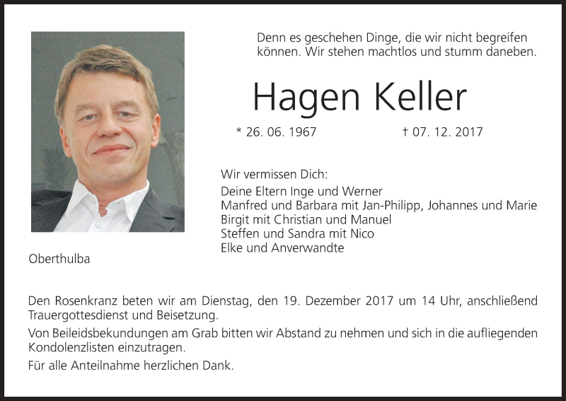  Traueranzeige für Hagen Keller vom 16.12.2017 aus MGO