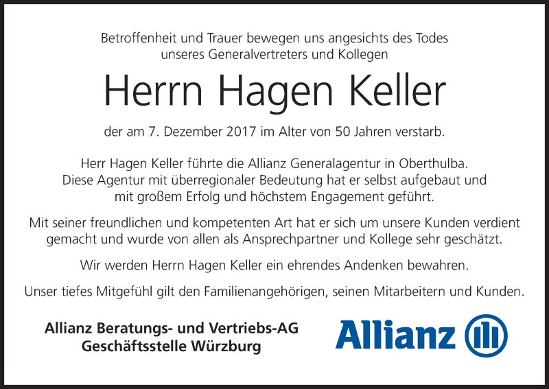  Traueranzeige für Hagen Keller vom 16.12.2017 aus MGO