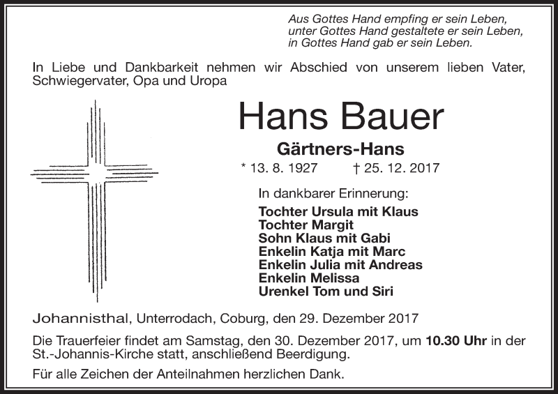  Traueranzeige für Hans Bauer vom 29.12.2017 aus MGO