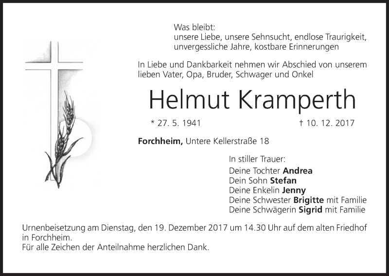  Traueranzeige für Helmut Kramperth vom 16.12.2017 aus MGO