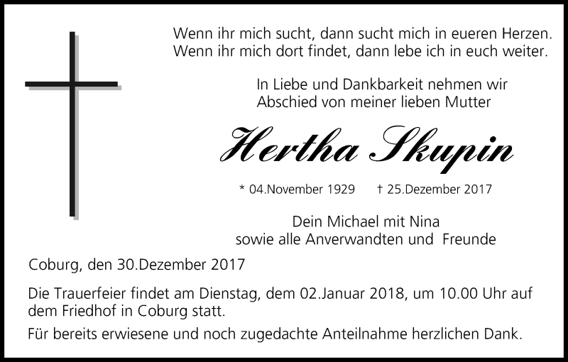  Traueranzeige für Hertha Skupin vom 30.12.2017 aus MGO